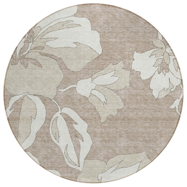 HomeRoots 5' Elegant Floral Indoor Outdoor Area Rug in Taupe, Beige, and Ivory – Machine Washable & Durable 8' Round 589580