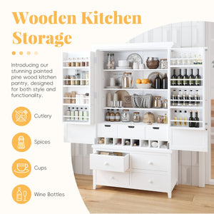 English Elm Topmax Freestanding Pine Wood Kitchen Pantry Cabinet with Wine Rack White SP000070AAK