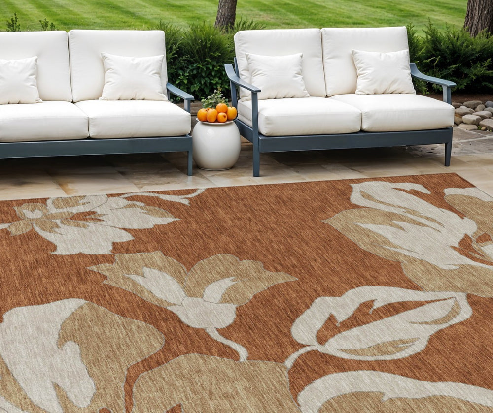 HomeRoots 9' Terra Cotta and Beige Floral Washable Area Rug - Durable, Stain-Resistant for Indoor and Outdoor Use 9' X 12' 589588