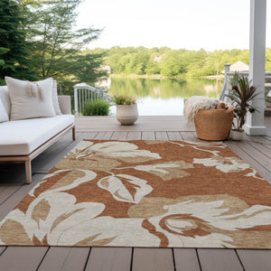 HomeRoots 9' Terra Cotta and Beige Floral Washable Area Rug - Durable, Stain-Resistant for Indoor and Outdoor Use 9' X 12' 589588