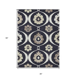Homeroots 3' Black Ivory And Taupe Medallion Washable Area Rug For Indoor And Outdoor Spaces, Durable Design 3' X 5' Polyester 589590