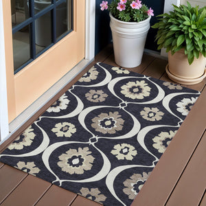 Homeroots 3' Black Ivory And Taupe Medallion Washable Area Rug For Indoor And Outdoor Spaces, Durable Design 3' X 5' Polyester 589590