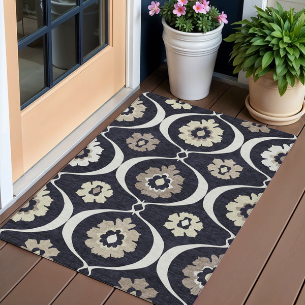 Homeroots 3' Black Ivory And Taupe Medallion Washable Area Rug For Indoor And Outdoor Spaces, Durable Design 3' X 5' Polyester 589590