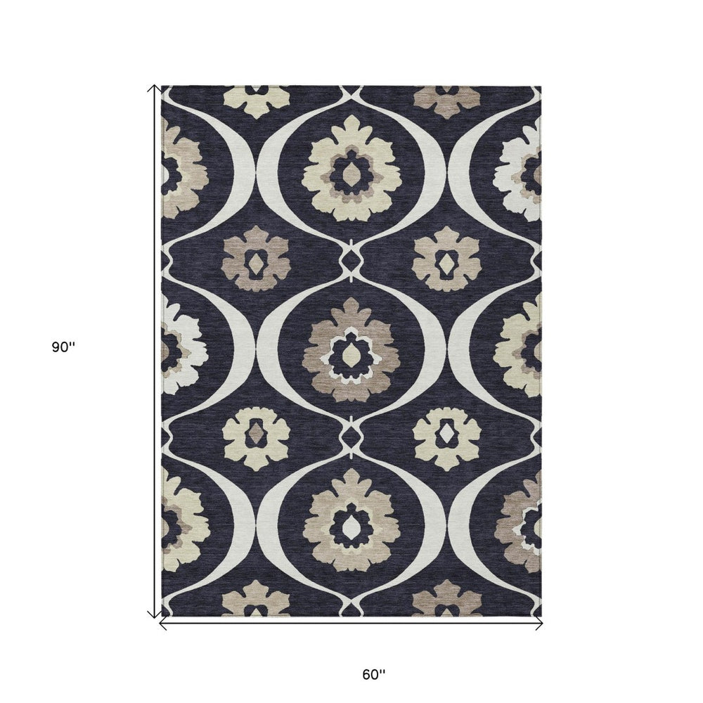 HomeRoots 5' Durable Black Ivory Taupe Medallion Washable Indoor Outdoor Area Rug for Stylish Spaces 5' X 8' 589591