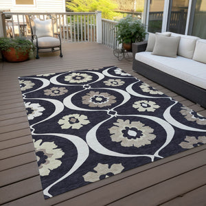 Homeroots 3' Black Ivory And Taupe Medallion Washable Area Rug For Indoor And Outdoor Spaces, Durable Design 5' X 8' Polyester 589591