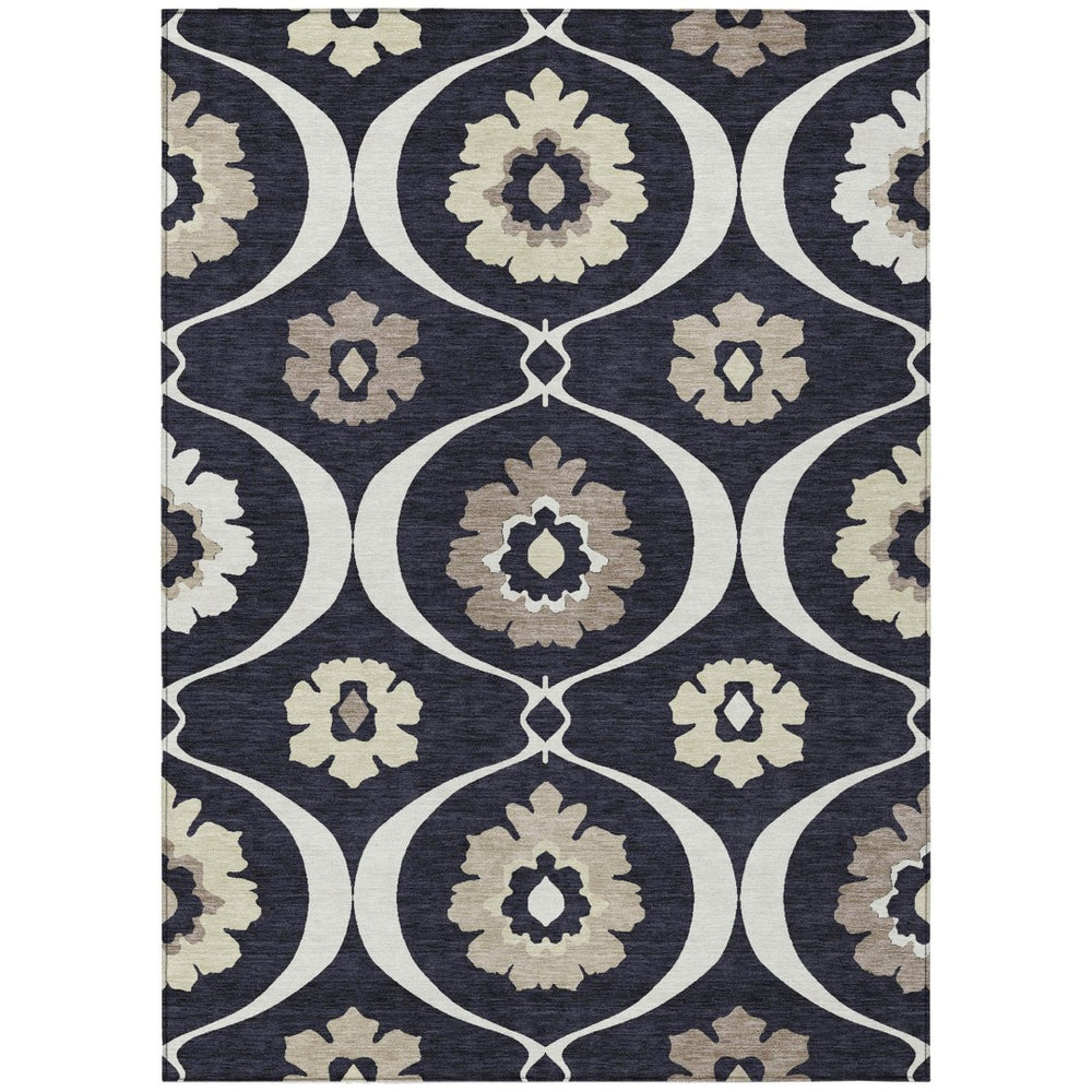 HomeRoots 5' Durable Black Ivory Taupe Medallion Washable Indoor Outdoor Area Rug for Stylish Spaces 5' X 8' 589591