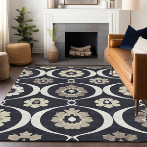 Homeroots 3' Black Ivory And Taupe Medallion Washable Area Rug For Indoor And Outdoor Spaces, Durable Design 5' X 8' Polyester 589591