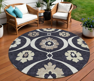 Homeroots 3' Black Ivory And Taupe Medallion Washable Area Rug For Indoor And Outdoor Spaces, Durable Design 8' Round Polyester 589592