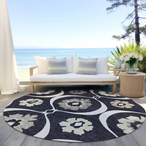 Homeroots 3' Black Ivory And Taupe Medallion Washable Area Rug For Indoor And Outdoor Spaces, Durable Design 8' Round Polyester 589592