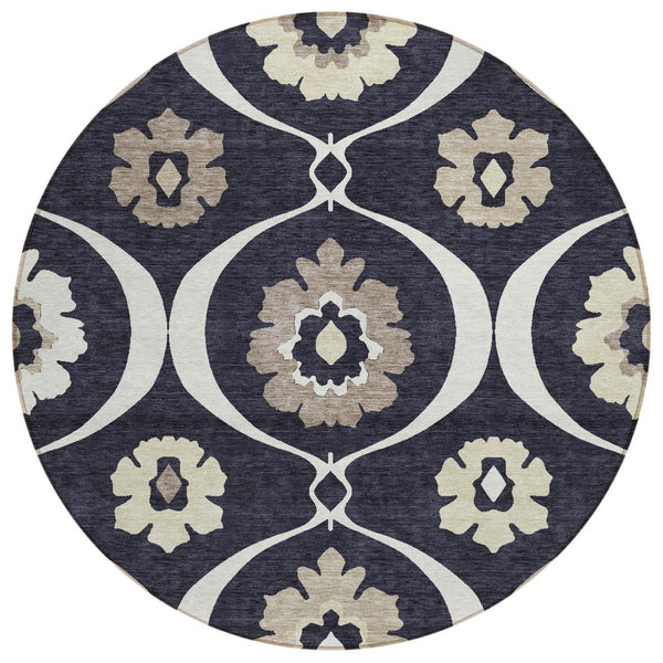 HomeRoots 5' Durable Black Ivory Taupe Medallion Washable Indoor Outdoor Area Rug for Stylish Spaces 8' Round 589592