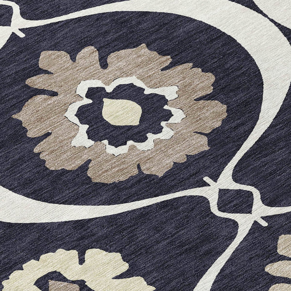 Homeroots 3' Black Ivory And Taupe Medallion Washable Area Rug For Indoor And Outdoor Spaces, Durable Design 8' Round Polyester 589592