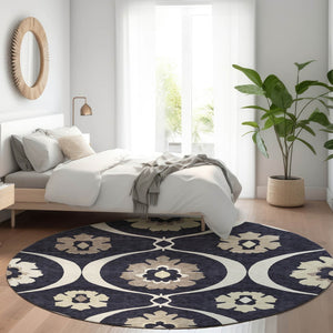 Homeroots 3' Black Ivory And Taupe Medallion Washable Area Rug For Indoor And Outdoor Spaces, Durable Design 8' Round Polyester 589592