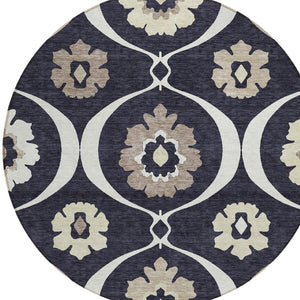 Homeroots 3' Black Ivory And Taupe Medallion Washable Area Rug For Indoor And Outdoor Spaces, Durable Design 8' Round Polyester 589592