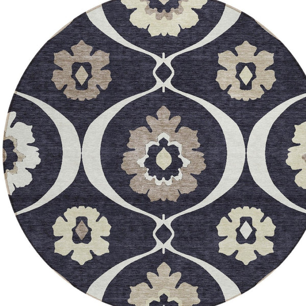 Homeroots 3' Black Ivory And Taupe Medallion Washable Area Rug For Indoor And Outdoor Spaces, Durable Design 8' Round Polyester 589592