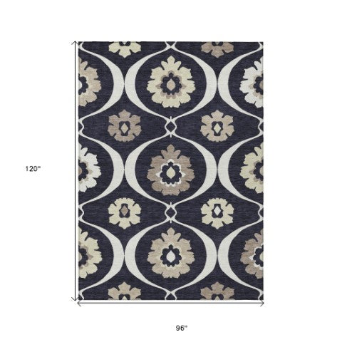Homeroots 3' Black Ivory And Taupe Medallion Washable Area Rug For Indoor And Outdoor Spaces, Durable Design 8' X 10' Polyester 589593