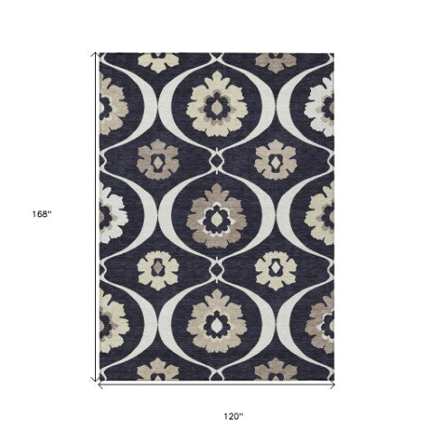 Homeroots 3' Black Ivory And Taupe Medallion Washable Area Rug For Indoor And Outdoor Spaces, Durable Design 10' X 14' Polyester 589595
