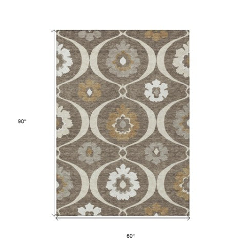 Homeroots 3' Black Ivory And Taupe Medallion Washable Area Rug For Indoor And Outdoor Spaces, Durable Design 5' X 8' Polyester 589597