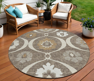 Homeroots 3' Black Ivory And Taupe Medallion Washable Area Rug For Indoor And Outdoor Spaces, Durable Design 8' Round Polyester 589598