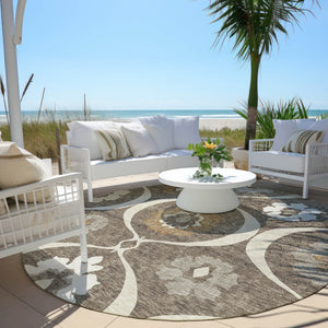 Homeroots 3' Black Ivory And Taupe Medallion Washable Area Rug For Indoor And Outdoor Spaces, Durable Design 8' Round Polyester 589598