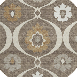 Homeroots 3' Black Ivory And Taupe Medallion Washable Area Rug For Indoor And Outdoor Spaces, Durable Design 8' Round Polyester 589598