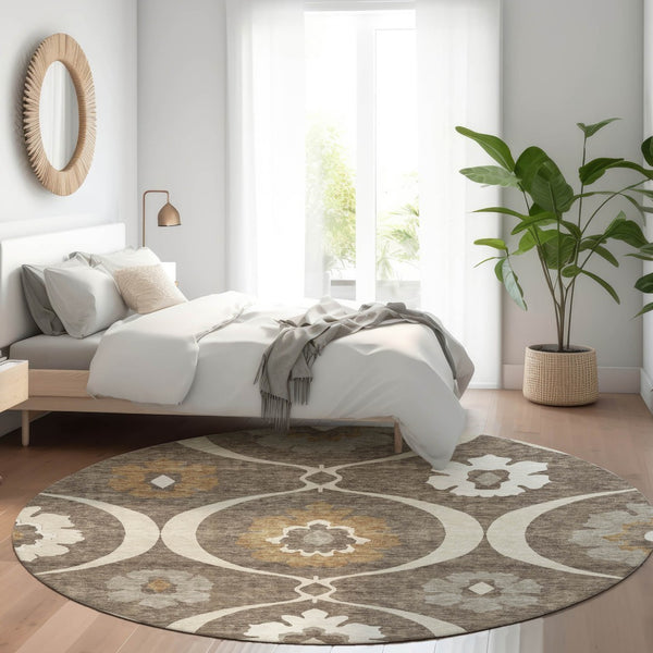 Homeroots 3' Black Ivory And Taupe Medallion Washable Area Rug For Indoor And Outdoor Spaces, Durable Design 8' Round Polyester 589598