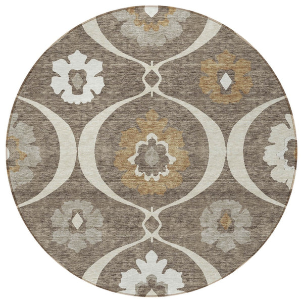 Homeroots 3' Black Ivory And Taupe Medallion Washable Area Rug For Indoor And Outdoor Spaces, Durable Design 8' Round Polyester 589598