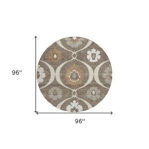 Homeroots 3' Black Ivory And Taupe Medallion Washable Area Rug For Indoor And Outdoor Spaces, Durable Design 8' Round Polyester 589598
