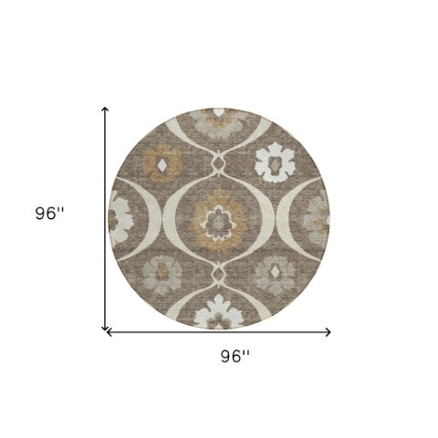 Homeroots 3' Black Ivory And Taupe Medallion Washable Area Rug For Indoor And Outdoor Spaces, Durable Design 8' Round Polyester 589598