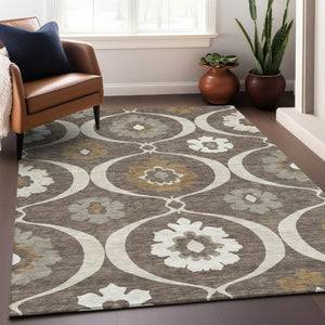 Homeroots 3' Black Ivory And Taupe Medallion Washable Area Rug For Indoor And Outdoor Spaces, Durable Design 8' X 10' Polyester 589599