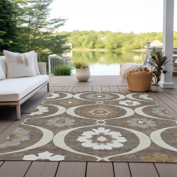 Homeroots 3' Black Ivory And Taupe Medallion Washable Area Rug For Indoor And Outdoor Spaces, Durable Design 9' X 12' Polyester 589600