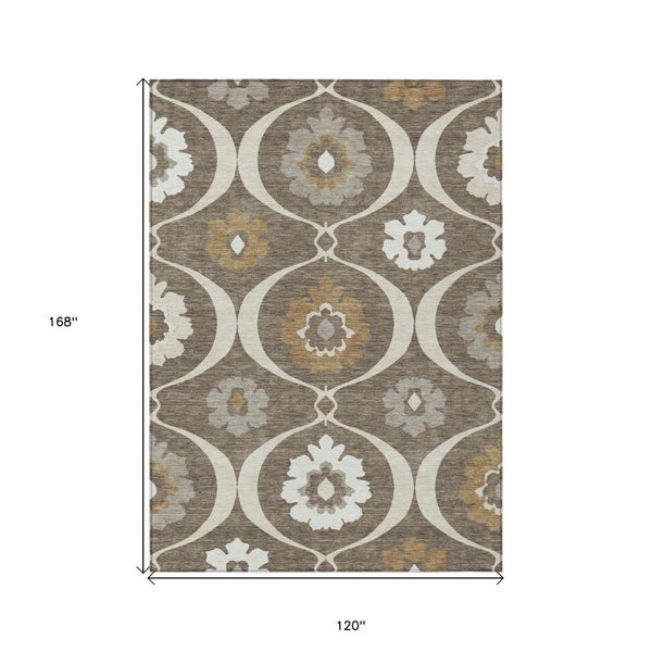 HomeRoots 5' Durable Medallion Area Rug in Brown, Beige, and Taupe - Stylish Washable Indoor/Outdoor Design 10' X 14' 589601