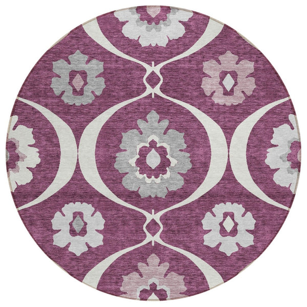 HomeRoots 5' Elegant Eggplant Ivory Gray Medallion Area Rug - Washable, Durable, Indoor & Outdoor Use 8' Round 589604