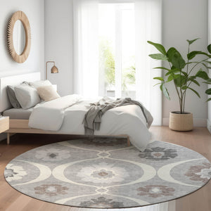 Homeroots 3' Black Ivory And Taupe Medallion Washable Area Rug For Indoor And Outdoor Spaces, Durable Design 8' Round Polyester 589610