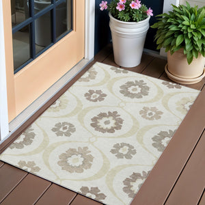 Homeroots 3' Black Ivory And Taupe Medallion Washable Area Rug For Indoor And Outdoor Spaces, Durable Design 3' X 5' Polyester 589614