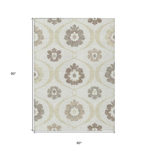 Homeroots 3' Black Ivory And Taupe Medallion Washable Area Rug For Indoor And Outdoor Spaces, Durable Design 5' X 8' Polyester 589615