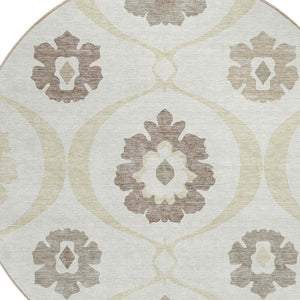 Homeroots 3' Black Ivory And Taupe Medallion Washable Area Rug For Indoor And Outdoor Spaces, Durable Design 8' Round Polyester 589616