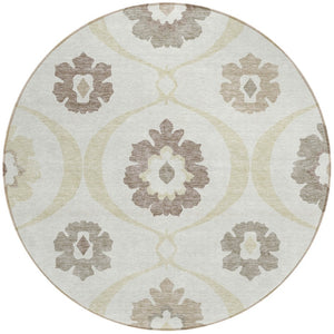 Homeroots 3' Black Ivory And Taupe Medallion Washable Area Rug For Indoor And Outdoor Spaces, Durable Design 8' Round Polyester 589616