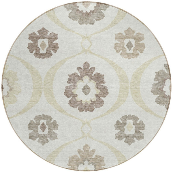 Homeroots 3' Black Ivory And Taupe Medallion Washable Area Rug For Indoor And Outdoor Spaces, Durable Design 8' Round Polyester 589616