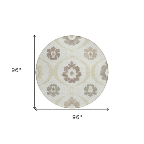 Homeroots 3' Black Ivory And Taupe Medallion Washable Area Rug For Indoor And Outdoor Spaces, Durable Design 8' Round Polyester 589616