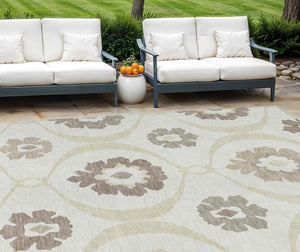 Homeroots 3' Black Ivory And Taupe Medallion Washable Area Rug For Indoor And Outdoor Spaces, Durable Design 9' X 12' Polyester 589618