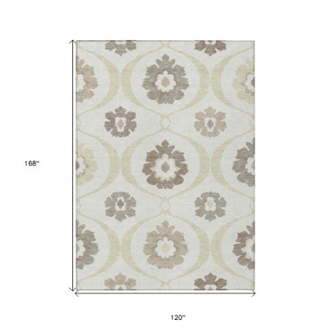 Homeroots 3' Black Ivory And Taupe Medallion Washable Area Rug For Indoor And Outdoor Spaces, Durable Design 10' X 14' Polyester 589619