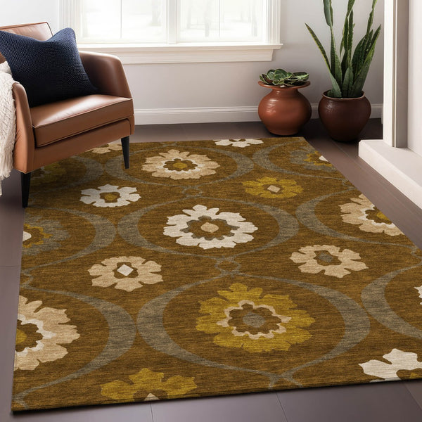 Homeroots 3' Black Ivory And Taupe Medallion Washable Area Rug For Indoor And Outdoor Spaces, Durable Design 3' X 5' Polyester 589620
