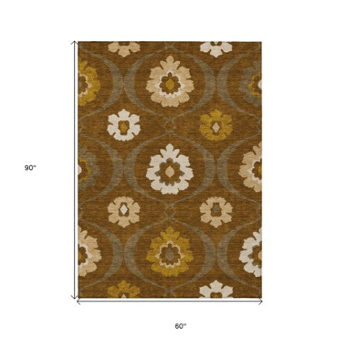 Homeroots 3' Black Ivory And Taupe Medallion Washable Area Rug For Indoor And Outdoor Spaces, Durable Design 5' X 8' Polyester 589621