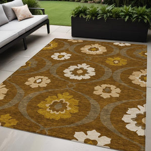 Homeroots 3' Black Ivory And Taupe Medallion Washable Area Rug For Indoor And Outdoor Spaces, Durable Design 5' X 8' Polyester 589621