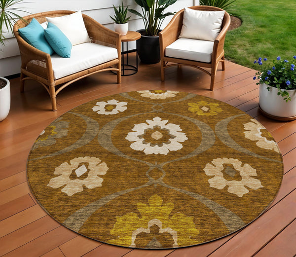 Homeroots 3' Black Ivory And Taupe Medallion Washable Area Rug For Indoor And Outdoor Spaces, Durable Design 8' Round Polyester 589622