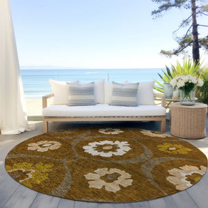 Homeroots 3' Black Ivory And Taupe Medallion Washable Area Rug For Indoor And Outdoor Spaces, Durable Design 8' Round Polyester 589622