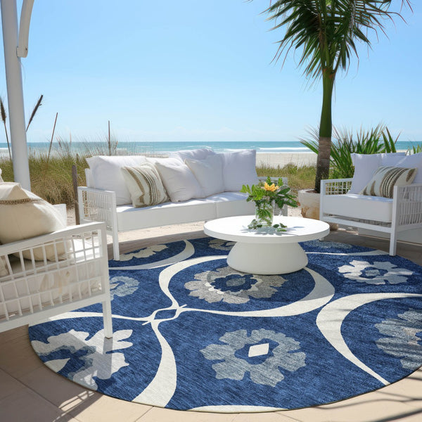 Homeroots 3' Black Ivory And Taupe Medallion Washable Area Rug For Indoor And Outdoor Spaces, Durable Design 8' Round Polyester 589628