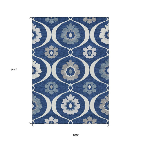 HomeRoots 9' Navy Blue and Ivory Medallion Area Rug - Stylish, Durable, Machine Washable for Indoor and Outdoor Use 9' X 12' 589630
