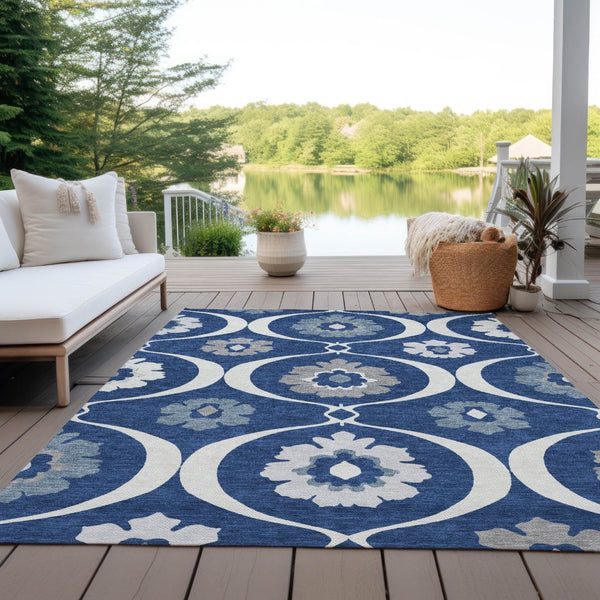 HomeRoots 9' Navy Blue and Ivory Medallion Area Rug - Stylish, Durable, Machine Washable for Indoor and Outdoor Use 9' X 12' 589630