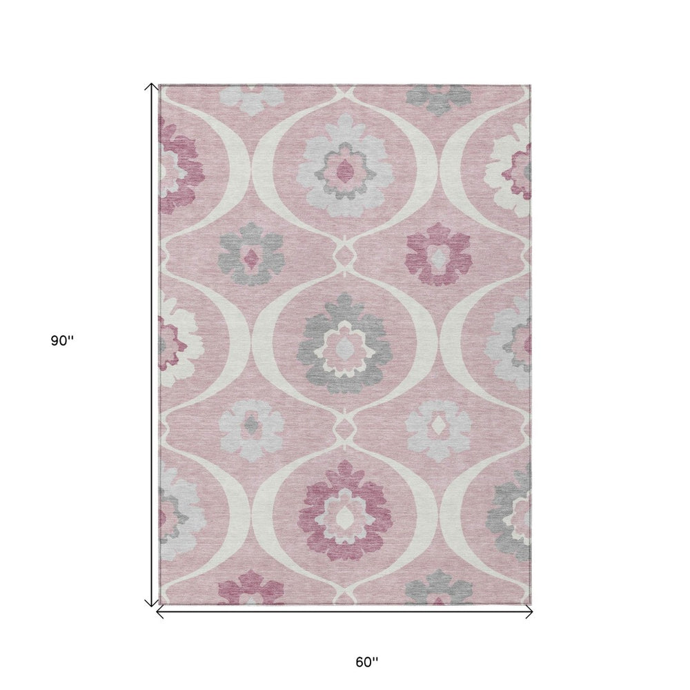 HomeRoots 5' Pink Blush and Gray Medallion Area Rug – Stylish, Washable, Durable Design for Indoor and Outdoor Use 5' X 8' 589633